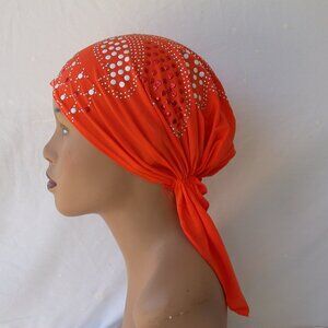 Orange Pre-Tied Stud Chemo Cap Slip On Bonnet Hijab Undercap #5